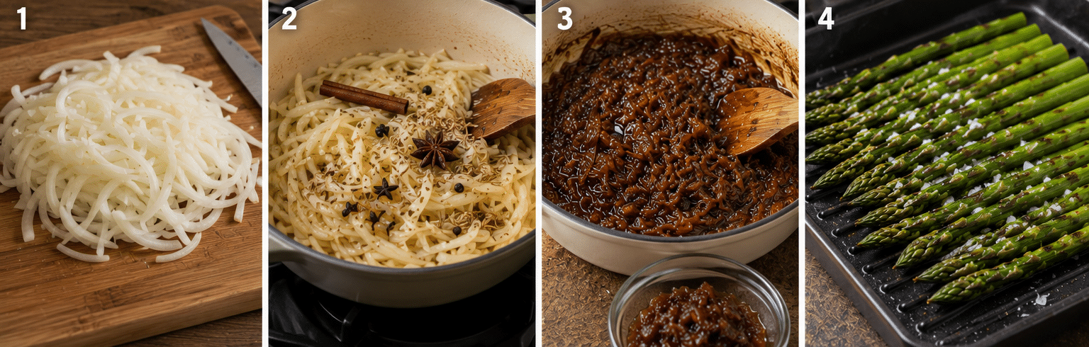 Preparación de los espárragos con chutney de cebolla